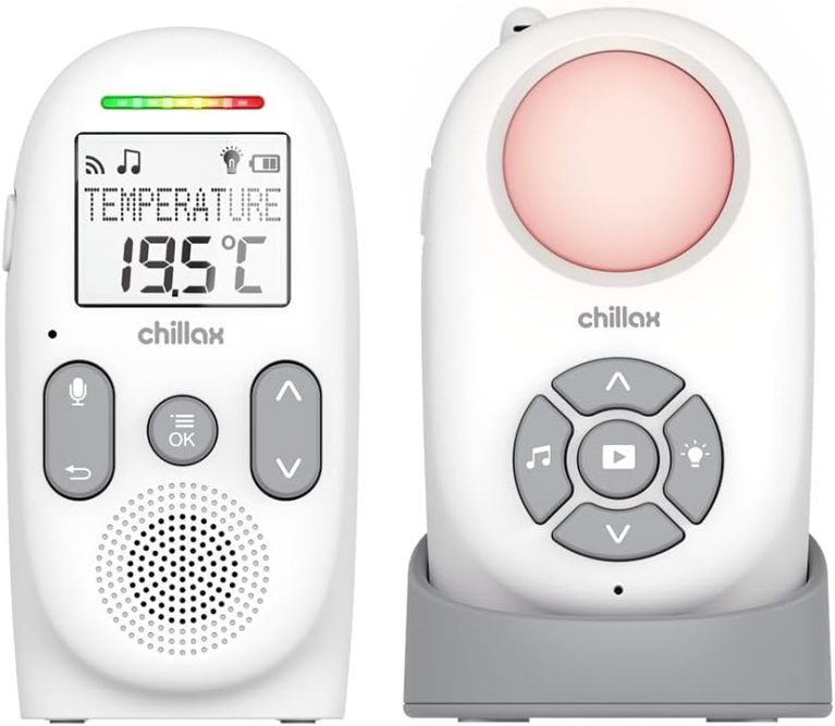 Chillax - Babyphone Audio CB360 Portable - DECT - 2 unites sans Fil - Modes VOX et Eco - Capteur de Temperature avec Alerte - Portee 340 m - Veilleuse & 5 Berceuses - Autonomie 13h - Talkie-Walkie