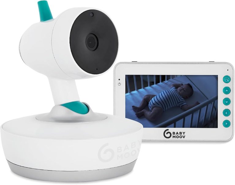 Babymoov Babyphone Caméra YOO Moov Motorisé, Caméra à 360°, Grand Écran 4,3'' (11cm), Portée 300m, Mode VOX, 720p, Talkie-Walkie, Veilleuse Multicolore et Berceuses