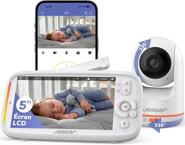 Jeeber 2K/3MP WiFi Babyphone Caméra Bébé, avec App, écran IPS 5