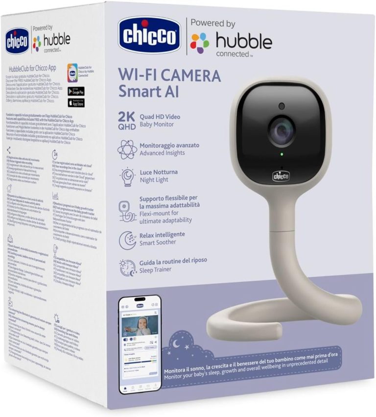 Moniteur pour bébé vidéo Chicco Wi-FI Smart AI, caméra 2K UHD avec Vision Nocturne Infrarouge, Application dédiée, lumières Multicolores et Berceuse Intelligente avec berceuses et bruits Blancs