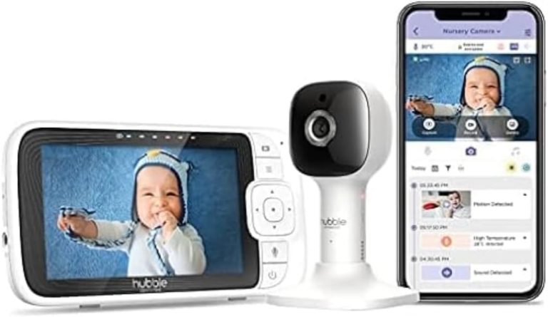 Hubble Connected Nursery Pal Cloud, Babyphone caméra connecté avec écran 5 pouces, veilleuse 7 couleurs, vision nocturne infrarouge, capteur de température ambiante